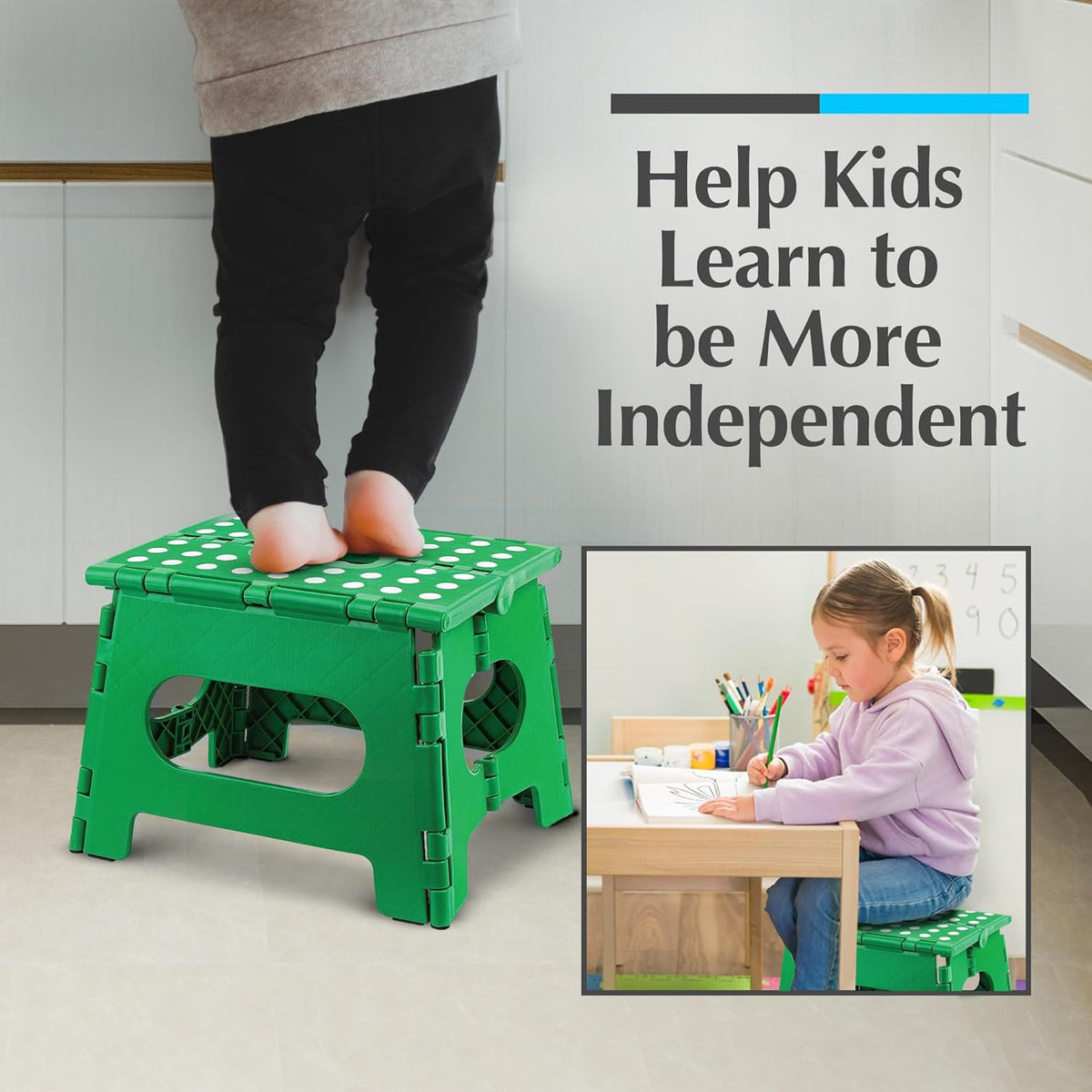 Handy Laundry Folding Lightweight Step Stool - Sturdy Enough to Support Adults and Safe Enough for Kids - Opens Easy with One Flip - Great for Kitchen, Bathroom or Bedroom (Green)