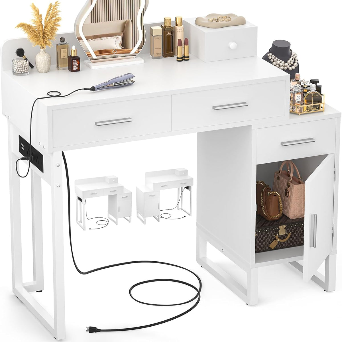 Vanity Desk with 4 Storage Drawers - Modern Makeup Vanity Table with Charging Station, White Vanity Desk with Reversible Cabinet Dressing Table Set with Divided Organizers for Women Girls, White