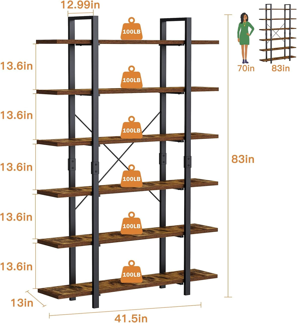 FRAPOW Bookshelf, 6 Tier Book Shelf 83Inch Tall Bookcase, Industrial Large Bookshelves Rustic Book Case with Open Metal Frame for Office, Bedroom, Farmhouse, Living Room