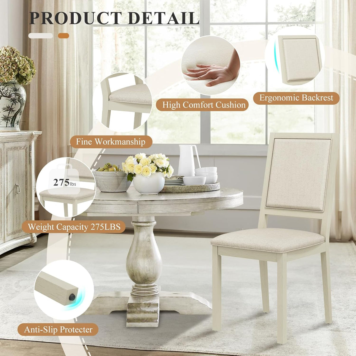 COLAMY Upholstered Dining Chairs Set of 4, Mid Century Modern Dining Room Chairs, 19 Inch Kitchen Chairs with Back for Dining Room Restaurant, Ivory