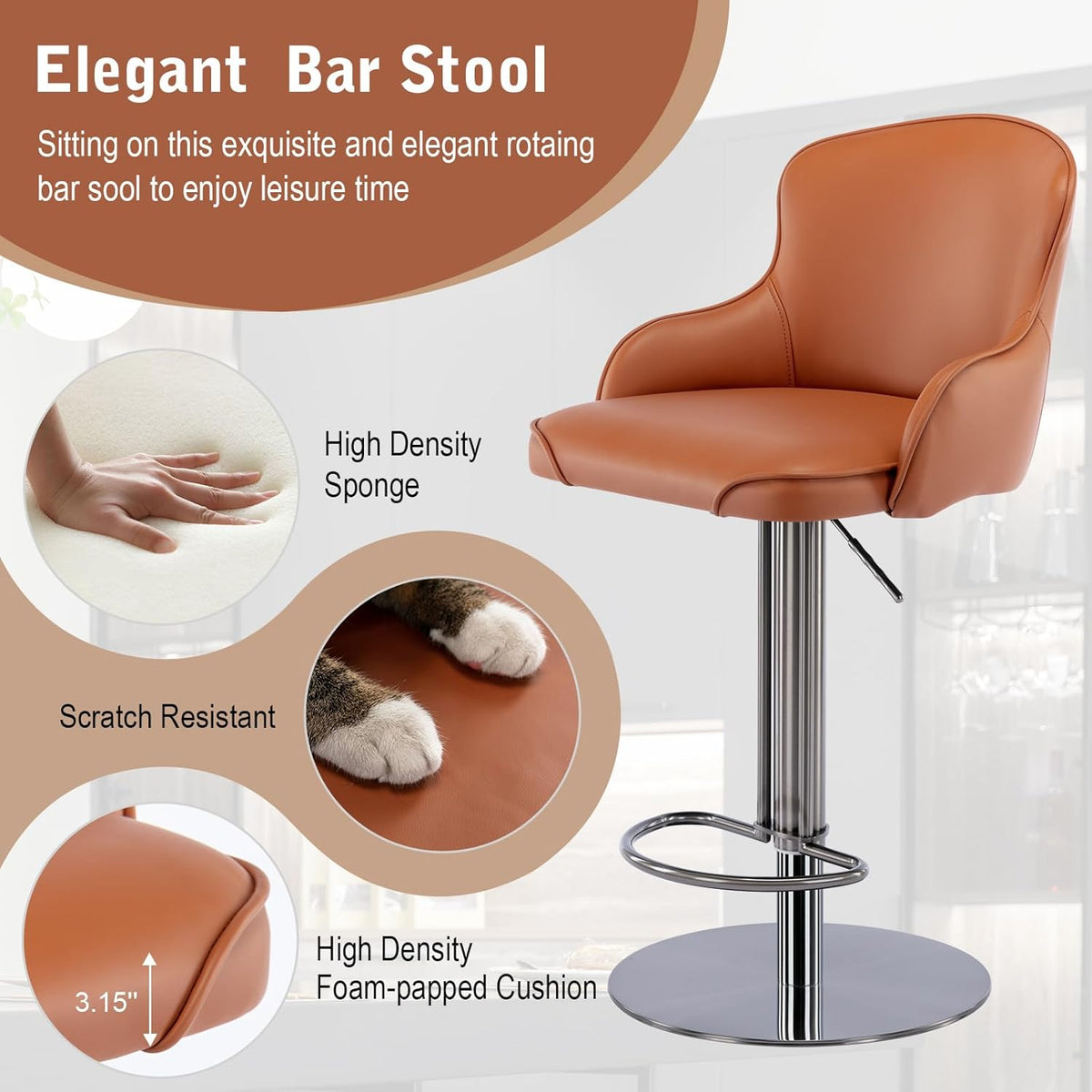 CozyRain Bar Stools Adjustable Stainless Steel Swivel Barstool with Back and Footrest,Modern Leather Upholstered Bar Chairs for Home,Kitchen,Bar, Counter Brown/Grey (Brown)