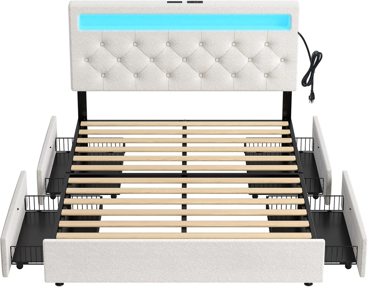 Rolanstar Queen Bed Frame with 4 Storage Drawers and Charging Station, Queen Bed with Led Lights, 2 USB & 1 Type C, Adjustable Headboard 38.9/40.10 Inches, No Box Spring Needed, White