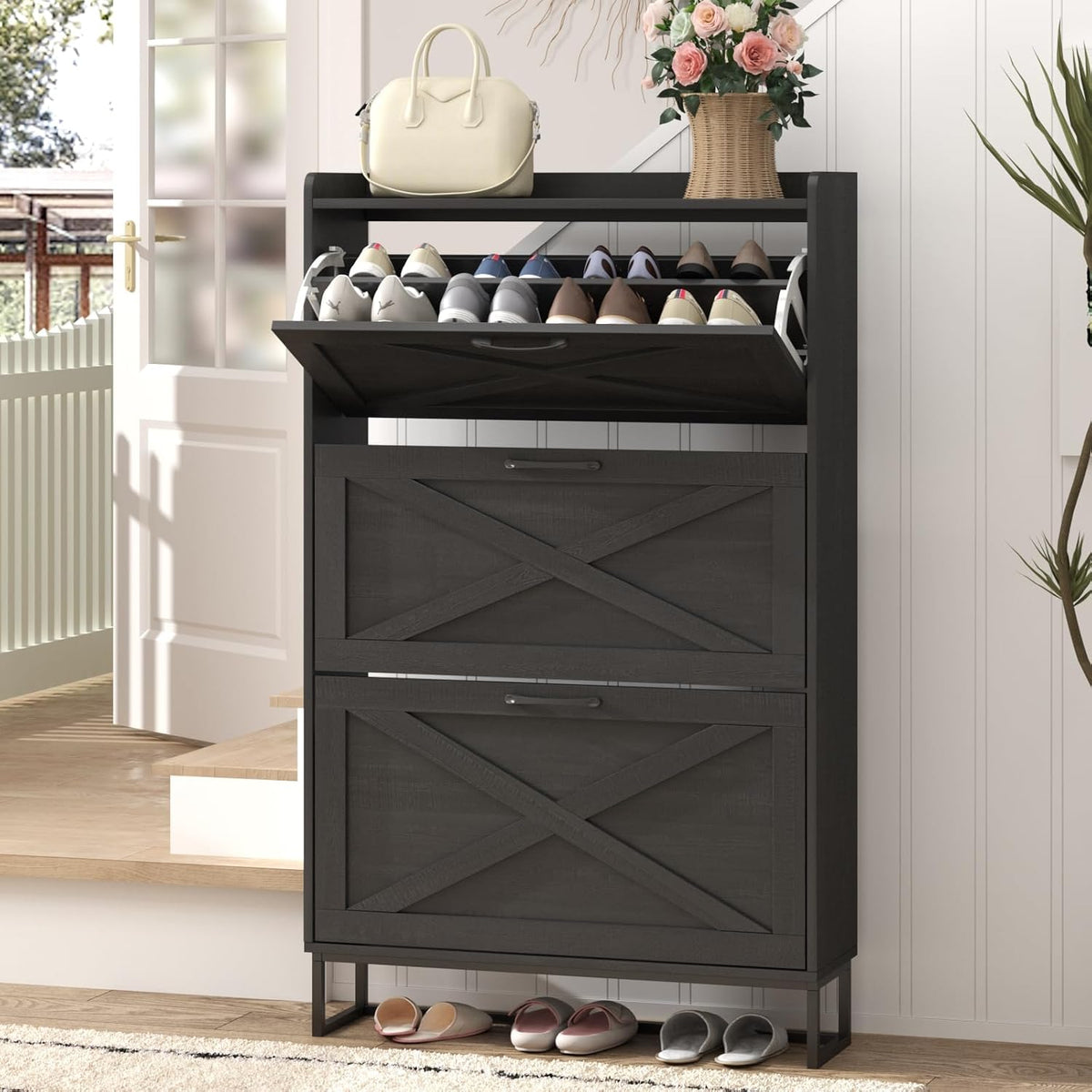 Maupvit Shoe Storage Cabinet with 3 Flip Drawers, Freestanding Organizer with Metal Legs for Entryway, Narrow Shoe Rack Cabinet, Black