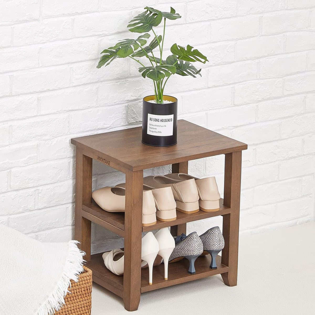 Small Shoe Rack Bench, 2-Tier Solid Wood Heavy Duty Shoe Organizer Shelf for Entryway, Living Room,Bedroom (Brown, 11.81"x15.75"x16.54")