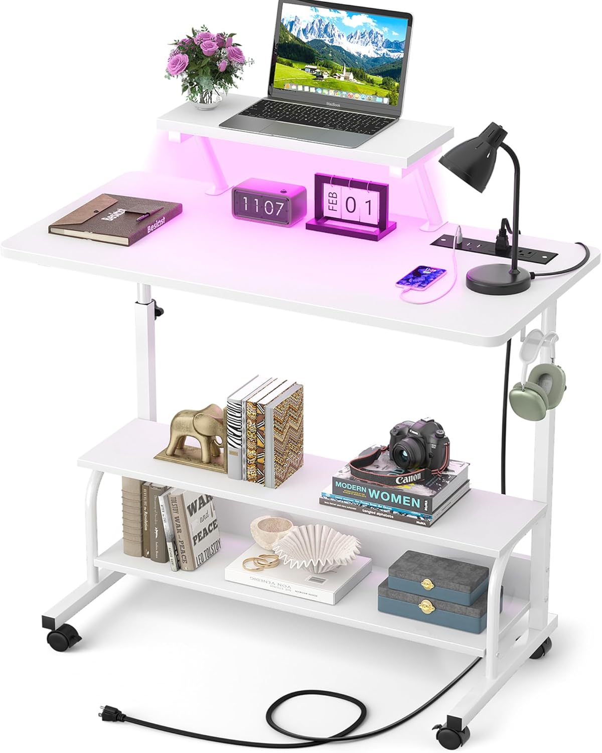 Height Adjustable Standing Desk with Power Outlets and LED Lights - 32" Manual Stand Up Desk with Monitor Stand and Storage Shelves Small Mobile Rolling Computer Desk Portable Laptop Table, White