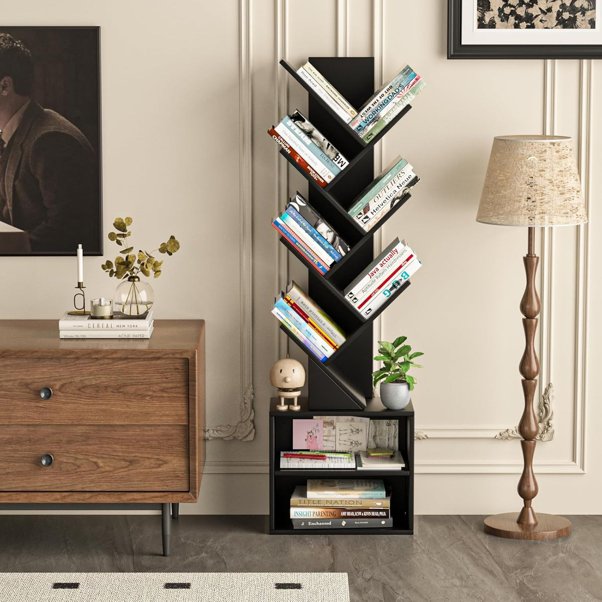 10 Tier Tree Bookshelf,Floor Standing Wood Tall Bookcase for Narrow Space, Storage Organizer Bookshelves for Books, Book Case for CDs/Movies/Books,Home Office,Living Room, Bedroom