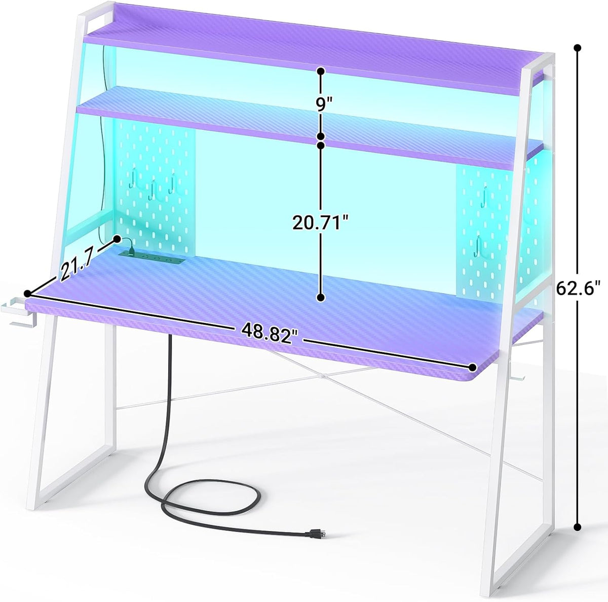 Gaming Desk with Hutch and LED Lights, Gaming Computer Desk with Power Outlets, Gamer Desk with Storage Shelves, PC Gamings Desk with Pegboards for Bedroom, Carbon Fiber Purple, 49"