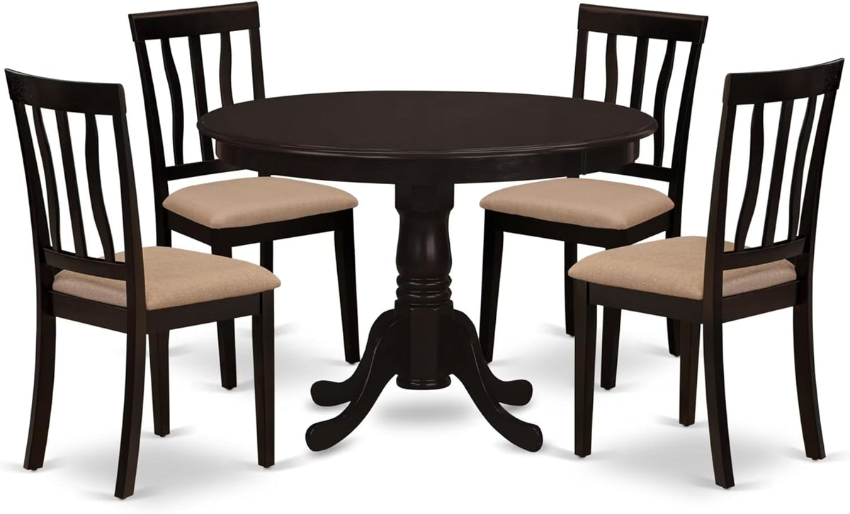 East West Furniture HLAN5-CAP-C 5 Piece Kitchen Table Set for 4 Includes a Round Dining Table with Pedestal and 4 Linen Fabric Dining Room Chairs, 42x42 Inch, Cappuccino