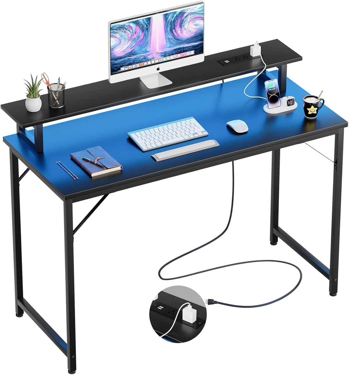 47 inch Computer Desk with Power Outlets, Gaming Desk with LED Lights, Home Office Work Desk with Monitor Shelf, Modern Office Desk Study Writing Table for Small Spaces, Black