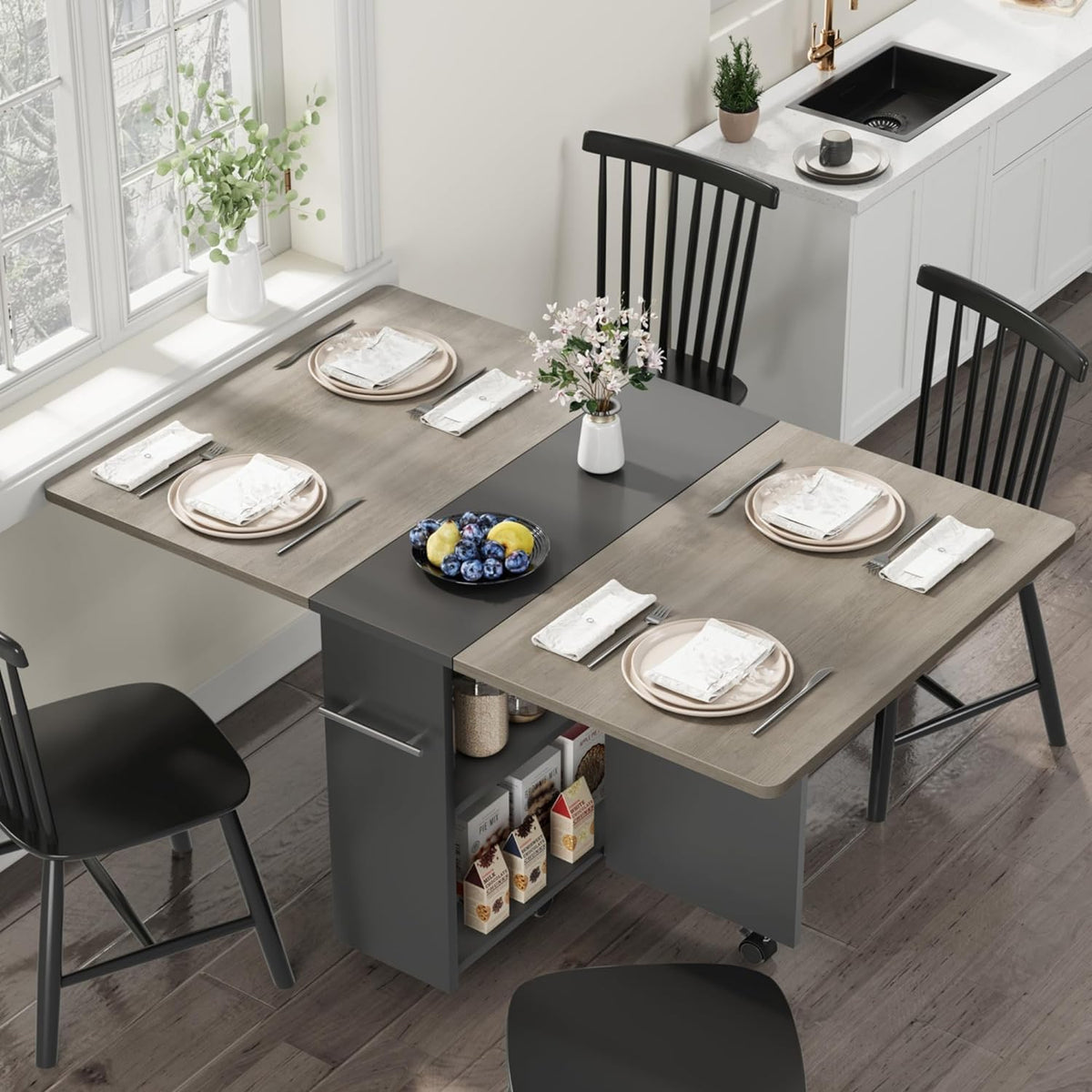 GarveeHome Folding Dining Table, Space Saving Farmhouse Dining Table for 4 Storage Shelf, 6 Wheels Multipose Expandable Kitchen Drop Leaf Table for Small Space (Carlo Grey, 47.2"D x 23.6"W x 29.5"H)