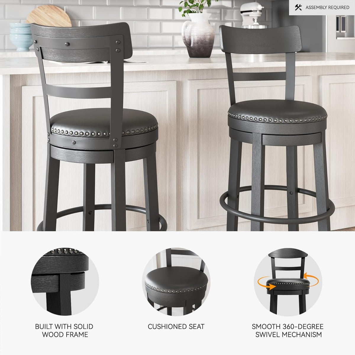 Signature Design by Ashley Valebeck 30.38" Casual Pub Height Upholstered Swivel Barstool, Black