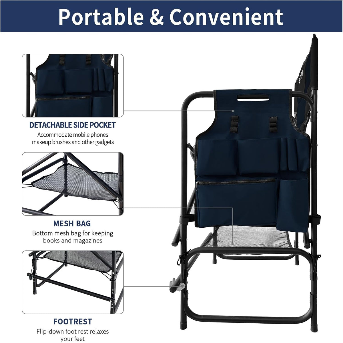Tall Folding Directors Chair with Side Table 26.77" Seat Height Foldable Camping Chair Bar Stool for Makeup Artist Face Painting with Footrest and Storage Pocket Supports 350LBS