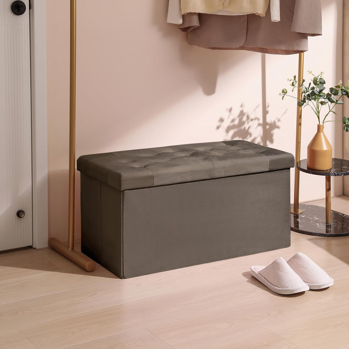 PRANDOM Extra Large Ottoman with Storage [1-Pack] Velvet Folding Small Square Foot Stool with Lid for Living Room Bedroom Coffee Table Dorm Dark Coffee 30.5x15x15 inches