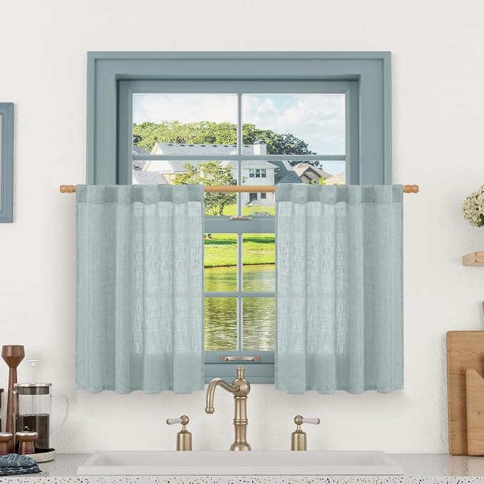 LAMIT Light Filtering Linen Curtains 24 Inch Length 2 Panels, Semi Sheer Window