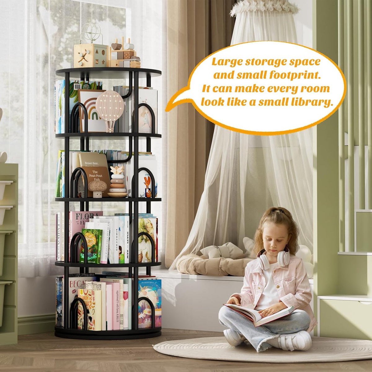 Aheaplus 4 Tier Rotating Bookshelf Tower, 360 Display Spinning Bookcase, Revolving Round Book Shelf Narrow Swivel Bookshelf, Vertical Turning Spiral Corner Book Organizer for Small Space, Black