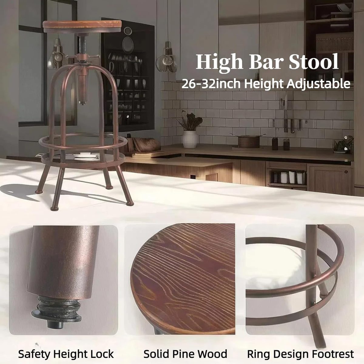 Set of 2 Industrial Bar Stool-Retro 26-32.3inch Swivel Stools-Extra Tall Kitchen Chair-Bar Counter Height Adjustable-Fully Welded (Copper 2PCS)