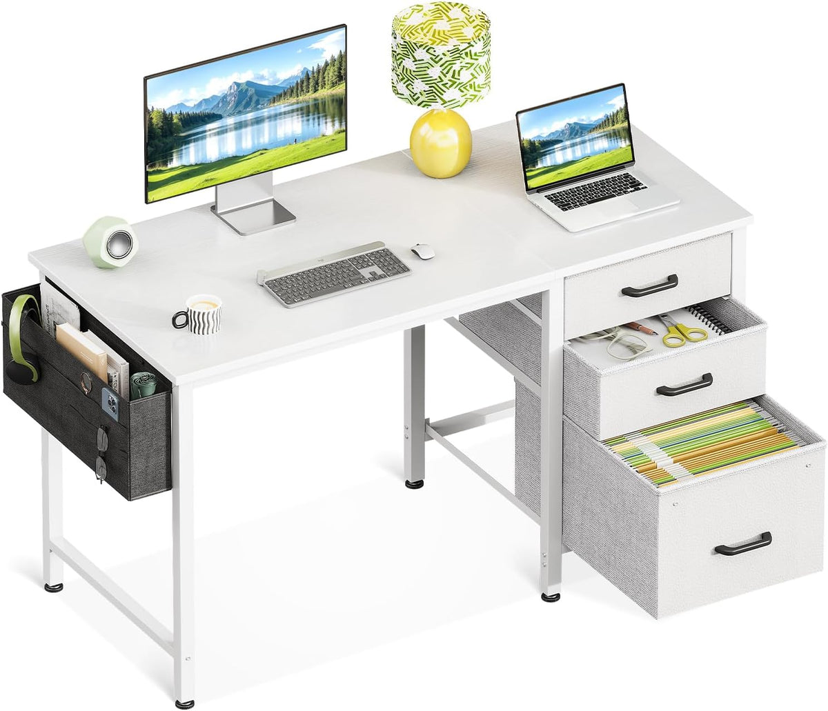 Casaottima 40 Inch Small Home Office Computer Desk for Bedroom with Fabric Drawers & File Cabinet, Cloth Storage Bag and Hook, Writing Study Work Desk for Small Space, Snow White