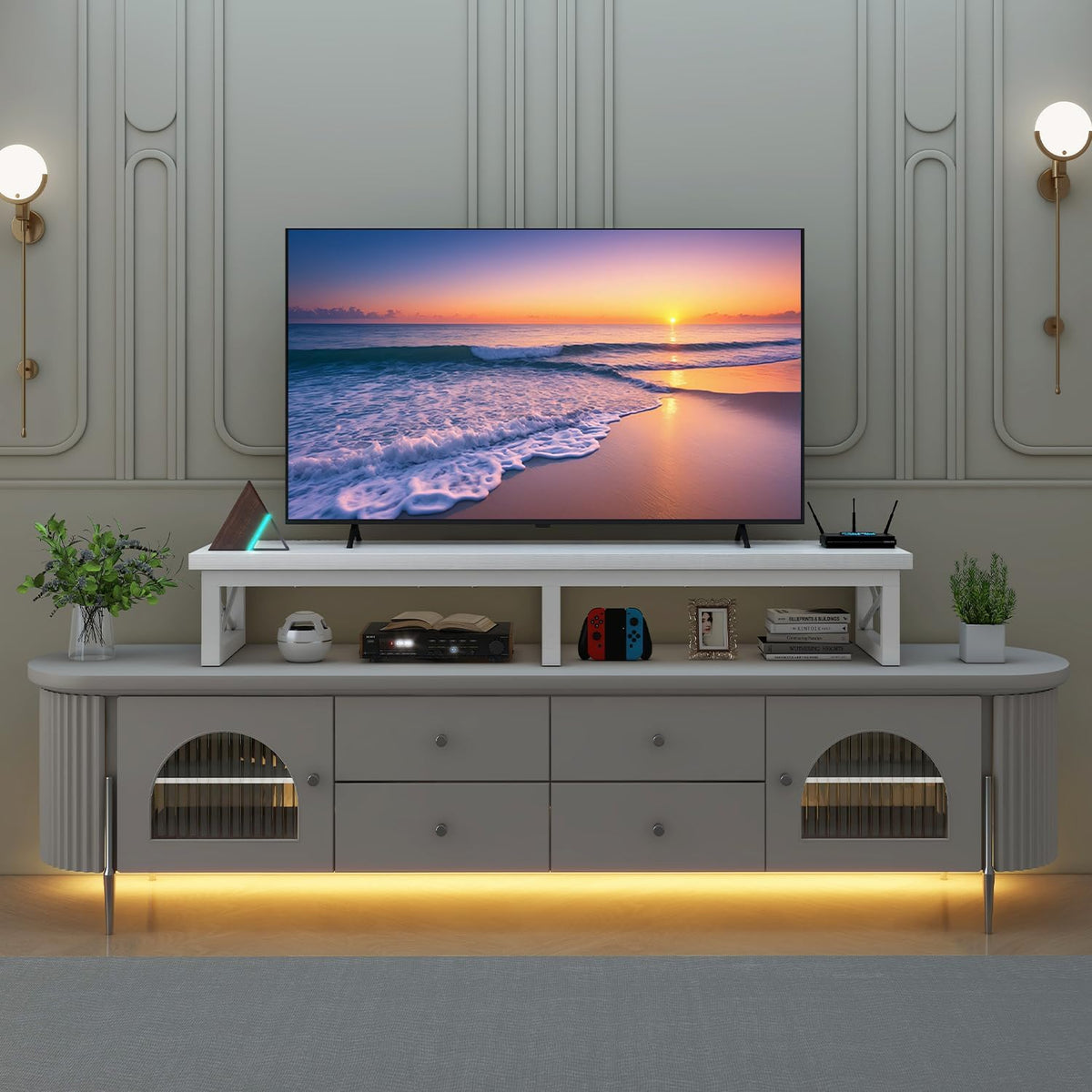 IBUYKE 45" Large TV Riser for 32-60 inch TV,Tabletop Short TV Stand with Storage and Steel Legs,TV Riser Stand for Home,Bedroom,Living Room,White TVT002W
