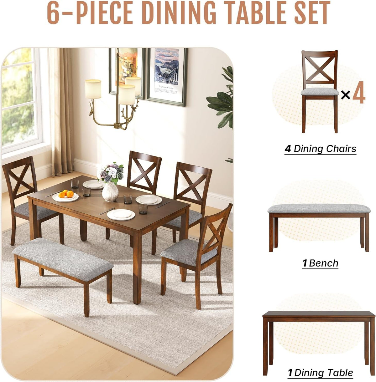 6-Piece Solid Wood Dining Table Set, Including 1 Dining Table, 4 Upholstered Chairs and 1 Bench, Wooden Dining Table Set for Kitchen, Dining Room, Walnut