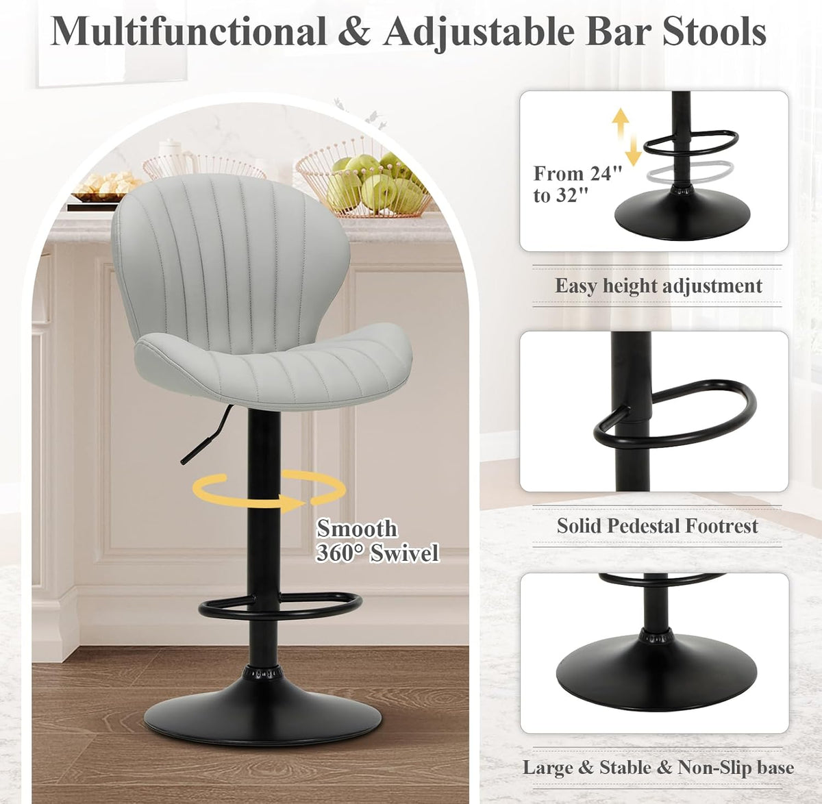 COLAMY Bar Stools Set of 4, Modern Swivel Bar Chairs, Adjustable Faux Leather Upholstered Barstools Counter Height with High Backrest for Bar, Kitchen Island, Dining Room, Grey