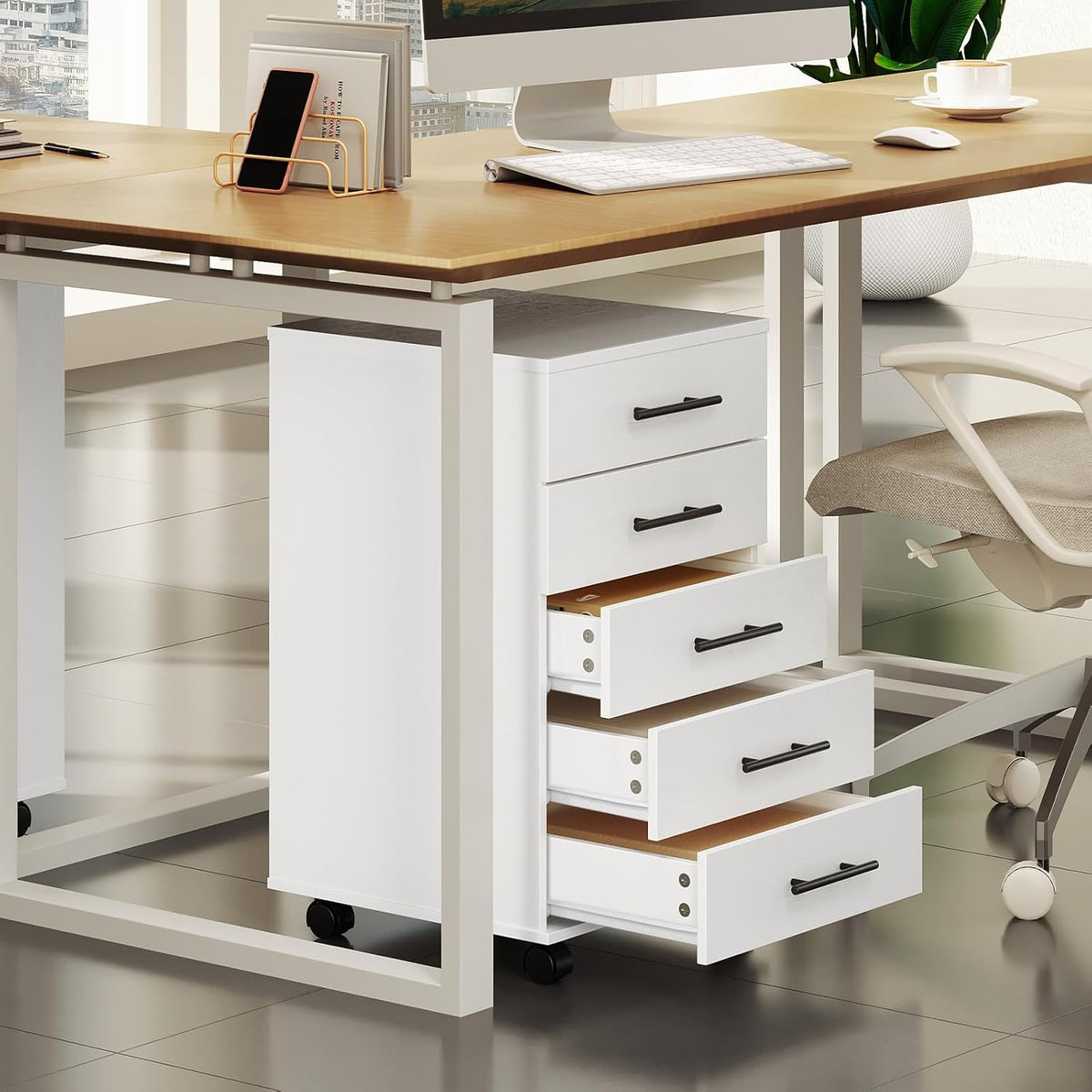 HOOBRO 5-Drawer File Cabinet, Office Filing Cabinet with Drawers, Wooden Mobile Storage Cabinet with Wheels, for Makeup, Home Office, Easy Assembly, White WT05WJ01G1
