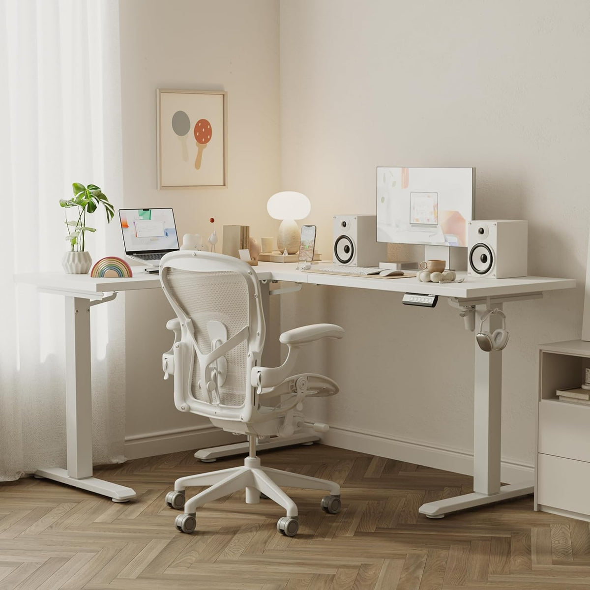 Agilestic 59 Inch L Shaped Standing Desk Adjustable Height, Electric Corner Standing Desk, Sit Stand Computer Table with Splice Board, White
