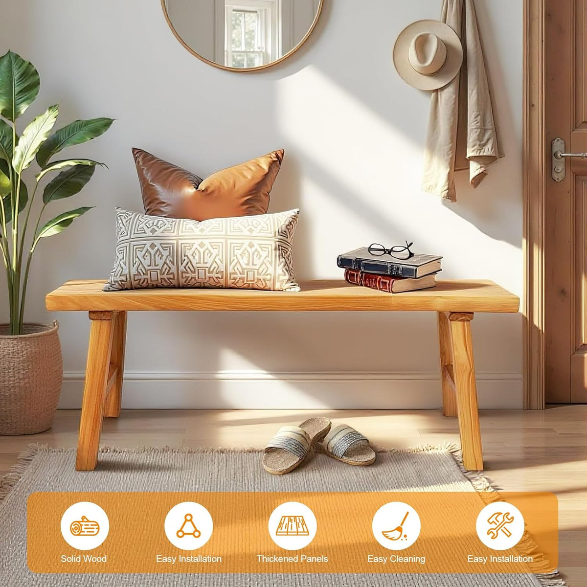 Farmhouse Solid Wood Bench: Long Rustic Indoor Narrow Wooden Bench for Entryway,Living Room, Dining Room,End of Bed,Hallway (31.5" Lx10 Wx18 H)