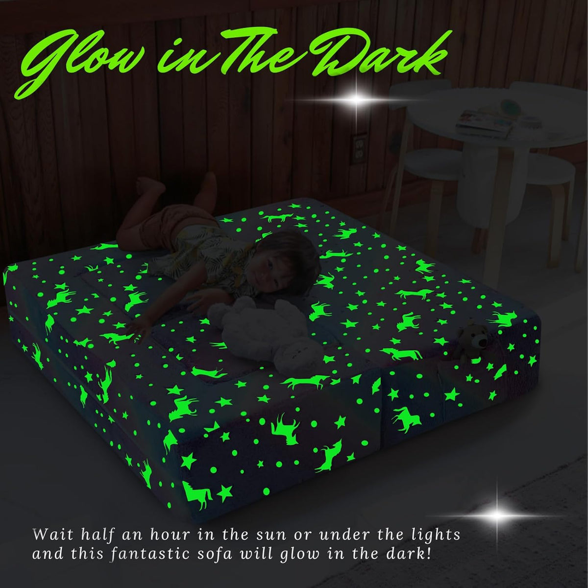 MeMoreCool Glow in The Dark Kids Couch, Rainbow Fold Out Toddler Sofa, Modular Play Couch for Bedroom and Playroom, Baby Sofa Kids Furniture