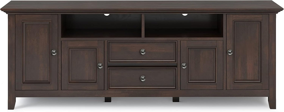 SIMPLIHOME Amherst 72-inch Wide Solid Wood TV Stand in Brunette Brown, Transitional-Style Media Console for Living Room with Cable Management and Adjustable Shelves, Fits 80" TVs