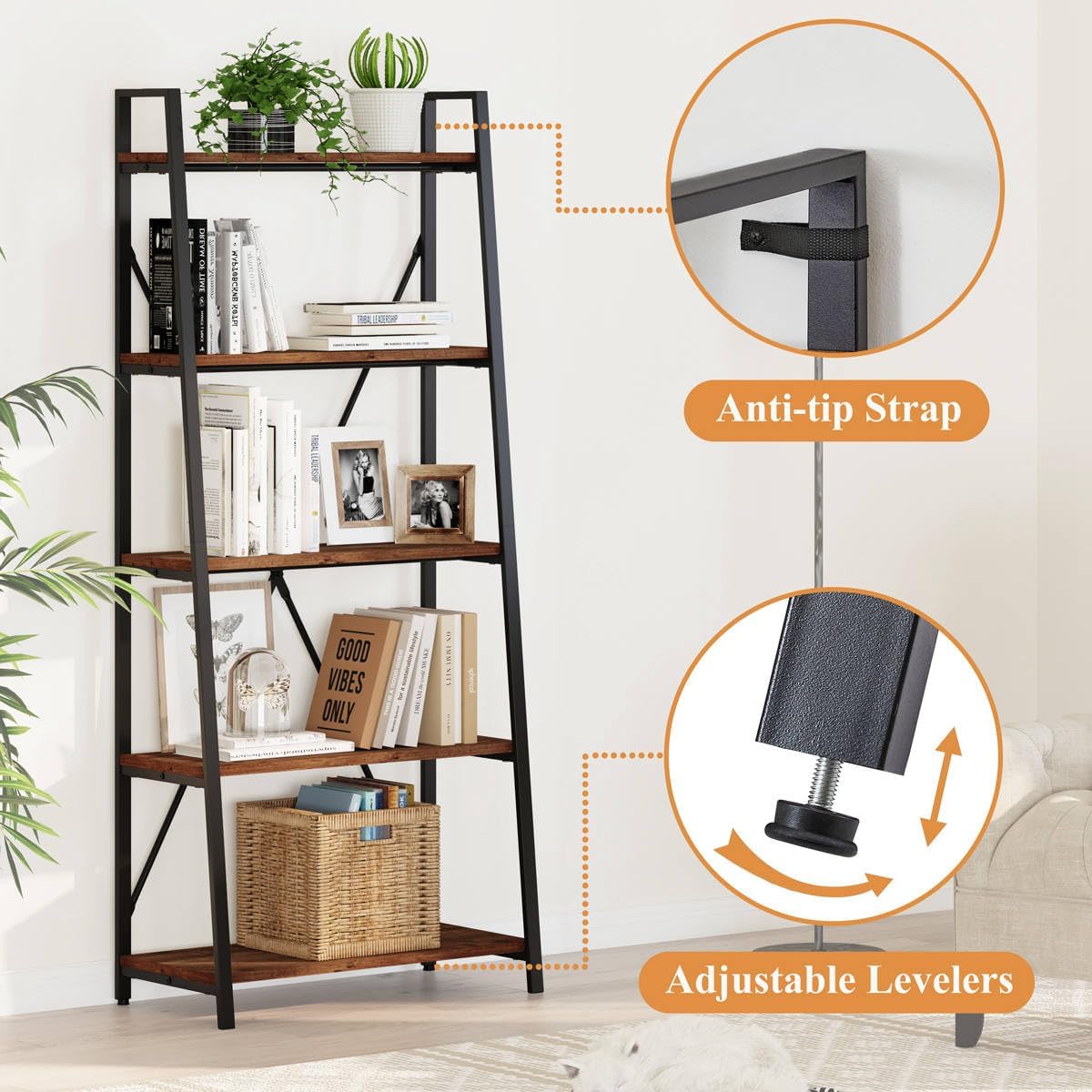 BON AUGURE Ladder Shelf Bookcase, 5-Tier Industrial Ladder Bookshelf, Tall Living Room Shelves, Wood and Metal Leaning Shelf for Home Office, Kitchen, Bedroom, Balcony (Rustic Oak)