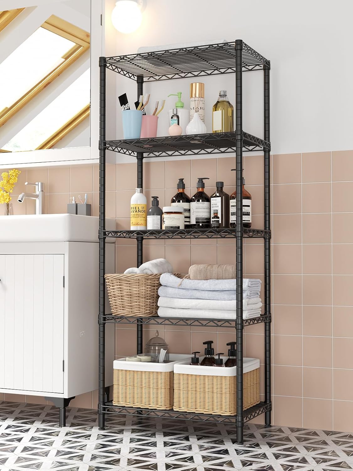 SINGAYE 5 Tier Storage Shelves Wire Shelving Unit Shelve Metal Kitchen Laundry Room Organization Home Pantry Closet Bathroom Organizers Garage Rack Estantes para Cocina 14" D x 24" W x 59.5" H Black
