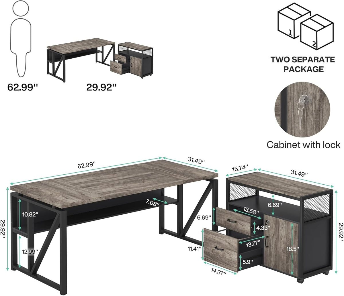 Tribesigns Office Compute rDesk with Drawers Sets, 63 inches L Shaped Executive Desk with Mobile File Cabinet for Home Office Furniture Sets (Dark Oak, 63-inch)