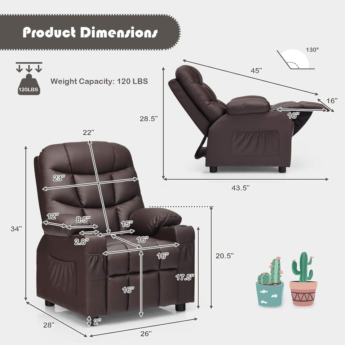 Costzon Kids Recliner Chair with Cup Holder, Adjustable Leather Lounge Chair w/Footrest & Side Pockets for Children Boys Girls Room, Ergonomic Toddler Furniture Sofa, Kids Recliner (Brown)