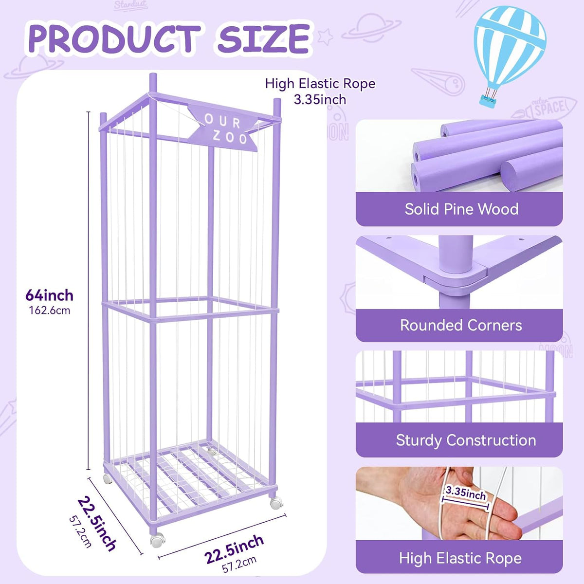 Stuffed Animal Storage Zoo with Wheels, Wooden Large Stuff Animals Plushies Holder Toy Organizer Kids Plush Storage Cage with Elastic Band and Net for Nursery Playroom Corner for Toddler (Purple)