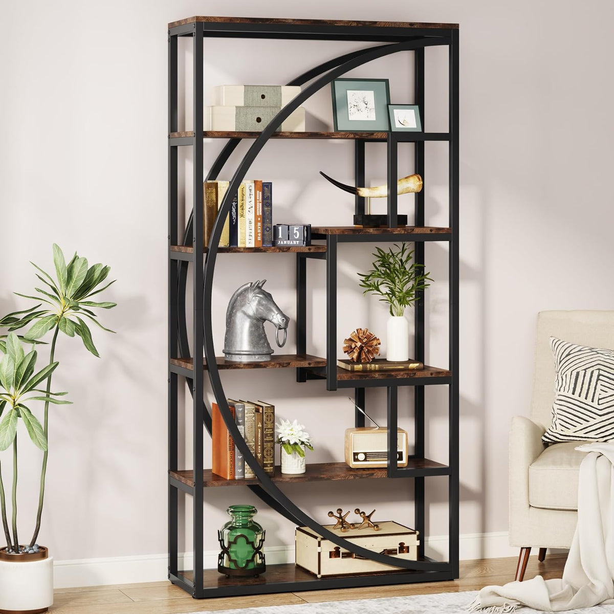 Tribesigns Bookshelf, Industrial 5-Tier Etagere Bookcase, 70.8 inch Tall Bookshelf with 8 Open Storage Shelf, Book Shelf Display Tack Shelving Unit for Home Office Living Room, Rustic Brown
