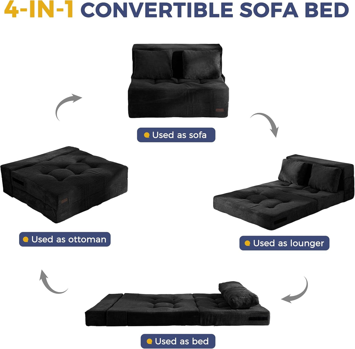MAXYOYO Convertible Sofa Bed, Fold Out Loveseat Sleeper Sofa with Pillow, 4 in 1 Tufted Folding Couch Bed Foam Floor Couch, Lazy Chair for Living Room Bedroom Guest Room, Black