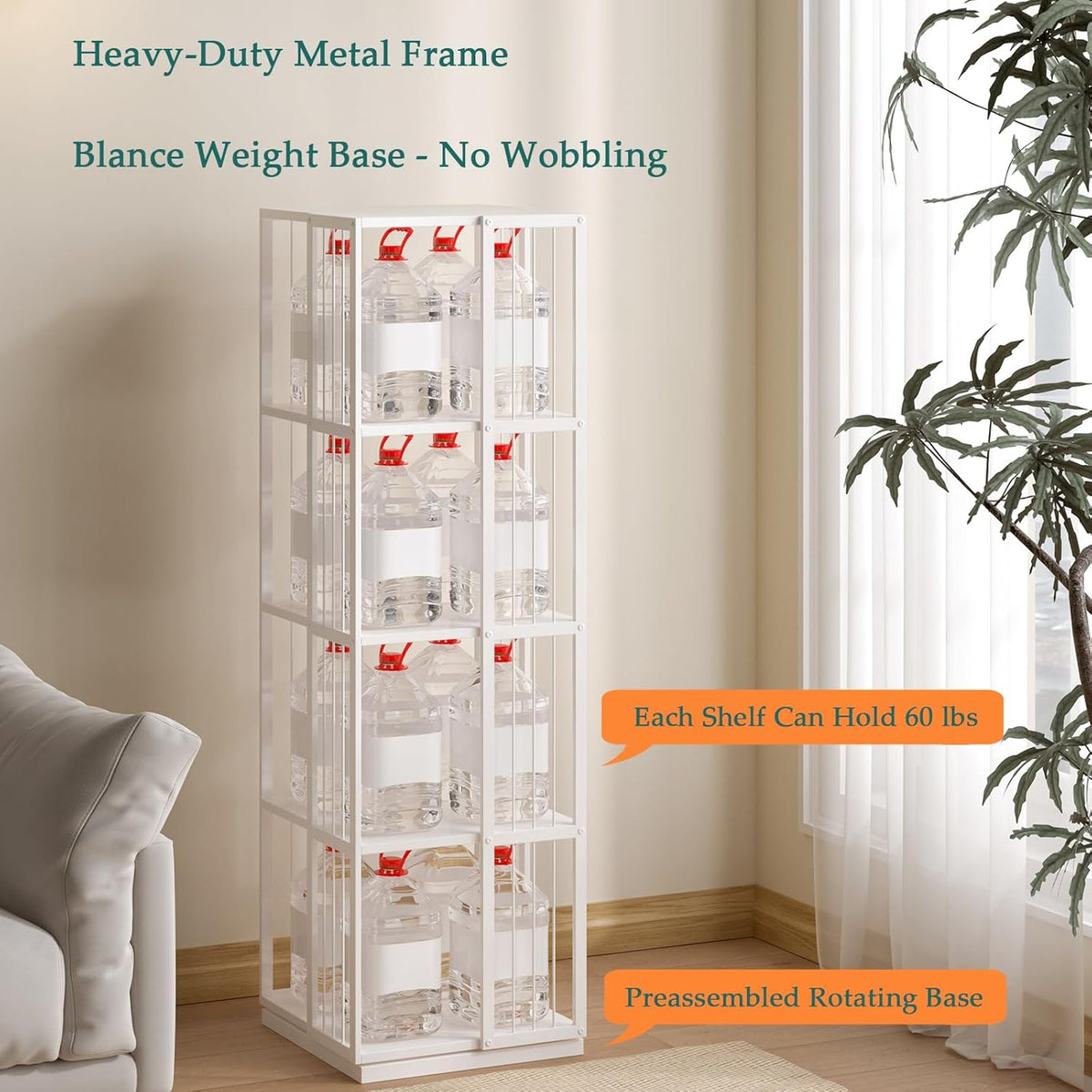 Square Rotating Bookshelf Tower - 360 Spinning Display Corner Bookcase for Narrow Space, Modern 4-Tier Revolving Storage Shelf, White