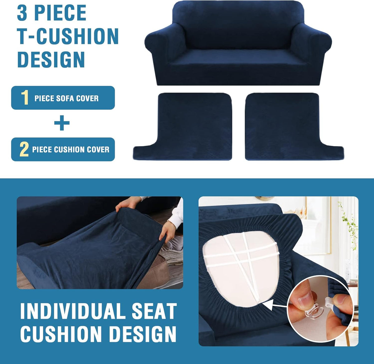 H.VERSAILTEX Sofa Cover 3 Piece T Cushion Sofa Slipcovers Thick Velvet Couch Cover Furniture Protector Stretch T Cushion Sofa Covers for 2 Cushion Couch with 2 Individual T Cushion Covers, Navy