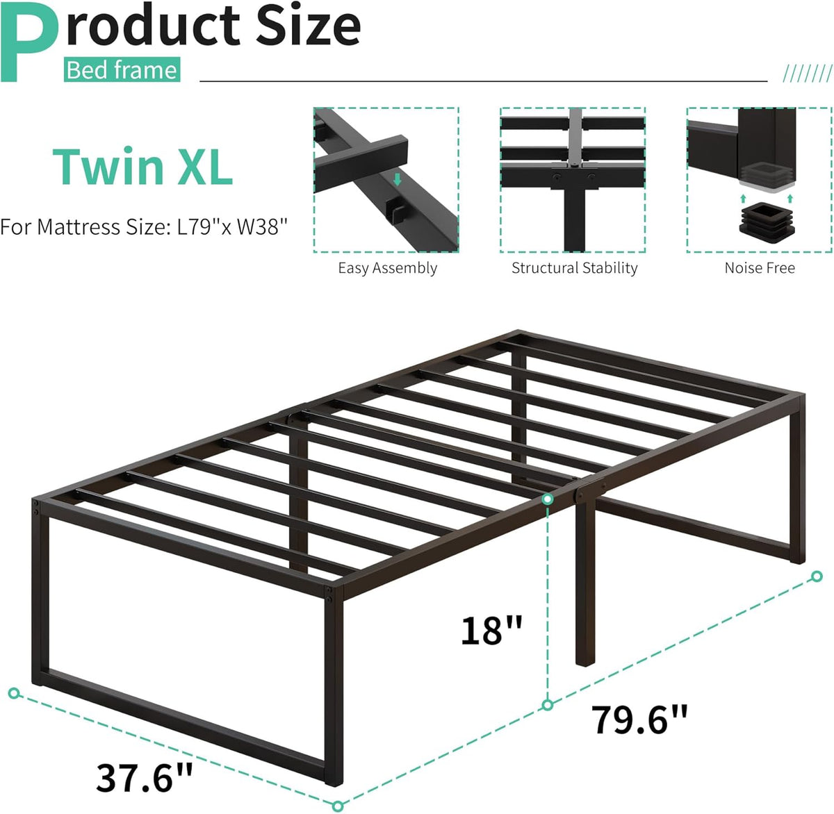 18 Inch Twin XL Bed Frames Heavy Duty Metal XL Twin Platform Bed Frame No Box Spring Needed, Noise Free, Easy Assembly, Black