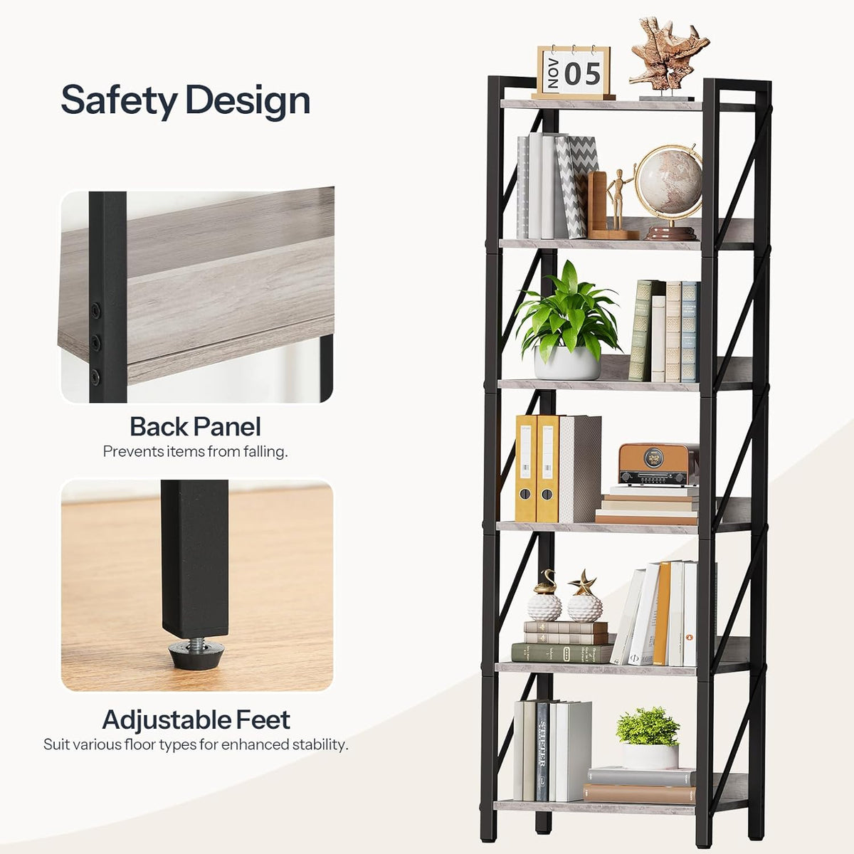 HOOBRO Bookshelf, 6-Tier Industrial Bookcase, Book Shelf Storage Organizer, Tall Bookshelf with Metal Frame for Living Room, Bedroom, Home Office, Kitchen, Greige and Black BG72SJ01