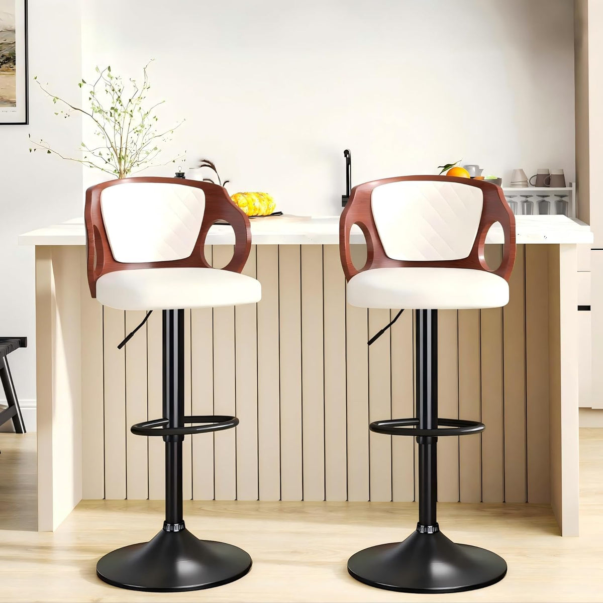 VECELO BarStools Set of 2,Counter Height Stools with Bentwood Back&Arm, Swivel Barstools,PU Leather Kitchen Island Stools, Adjustable Height Bar Chairs for Club Pub Dining Room,Pearl White