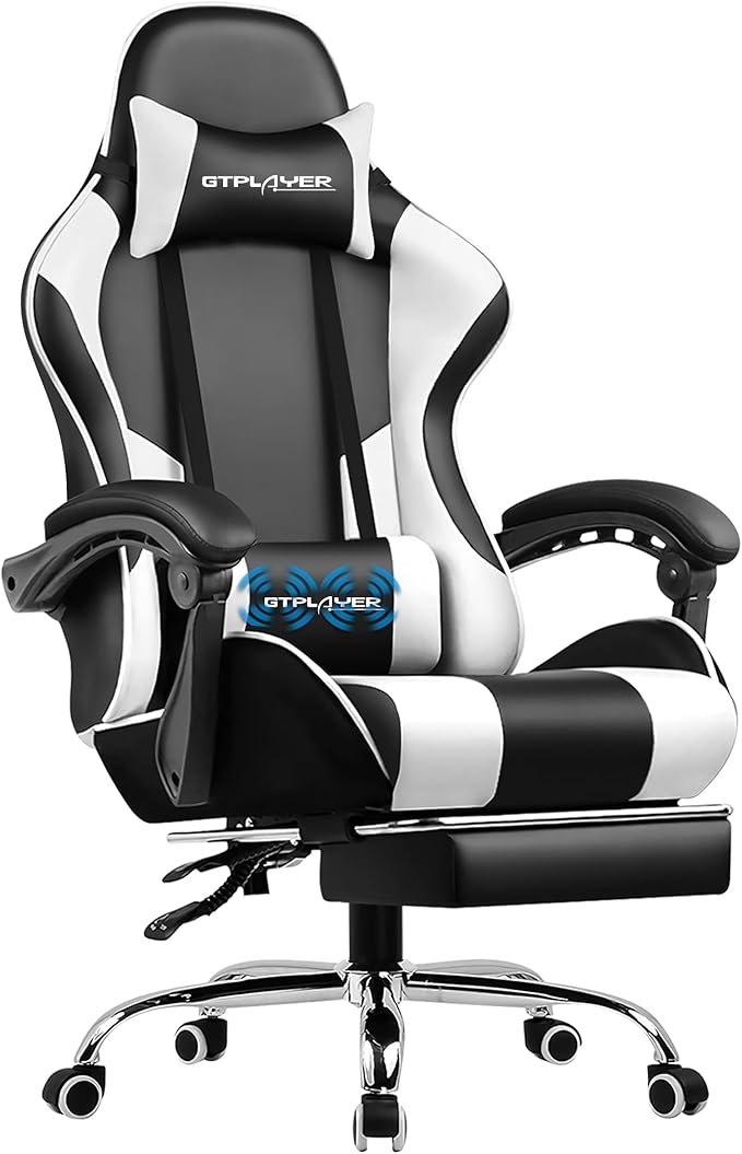 GTPLAYER Gaming Chair, Computer Chair with Footrest and Lumbar Support, Height Adjustable Game Chair with 360°-Swivel Seat and Headrest and for Office or Gaming (Snow White)