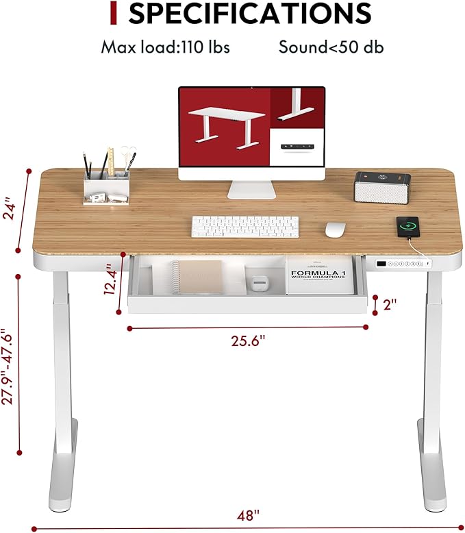 Standing Desk with Drawer, Electric Height Adjustable Home Office Desk with Storage & USB Ports, 48 inch Bamboo Texture Tabletop/White Frame