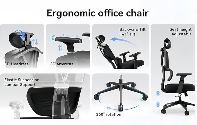 Ergonomic Office Chair - 400 lbs Capacity High-Back Mesh Computer Chair with Lumbar Support, Adjustable Headrest | Home and Gaming Desk Chair，Black