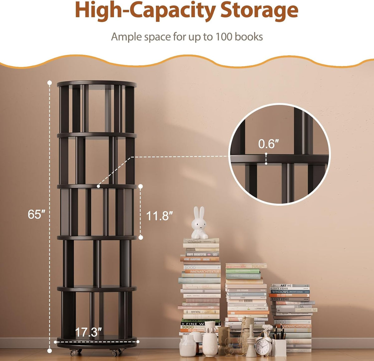 Solid Wood Rotating Bookshelf on Wheels, 5 Tier, Round Revolving Bookcase, 360° Spinning Book Shelf Tower for Kids, Narrow Rolling Bookshelves for Small Space, Corner, Bedroom, Office, Black