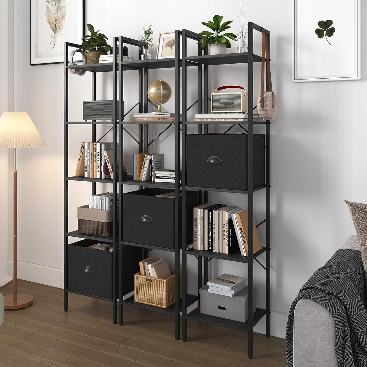 Generic 5 Tier Bookshelves,Tall Narrow Bookcases with Shelves, Bookcase Storage Organizer,Industrial Bookshelf with Drawer,Display Shelves Bookcases for Living Room, Bedroom,Kitchen and Office,Black
