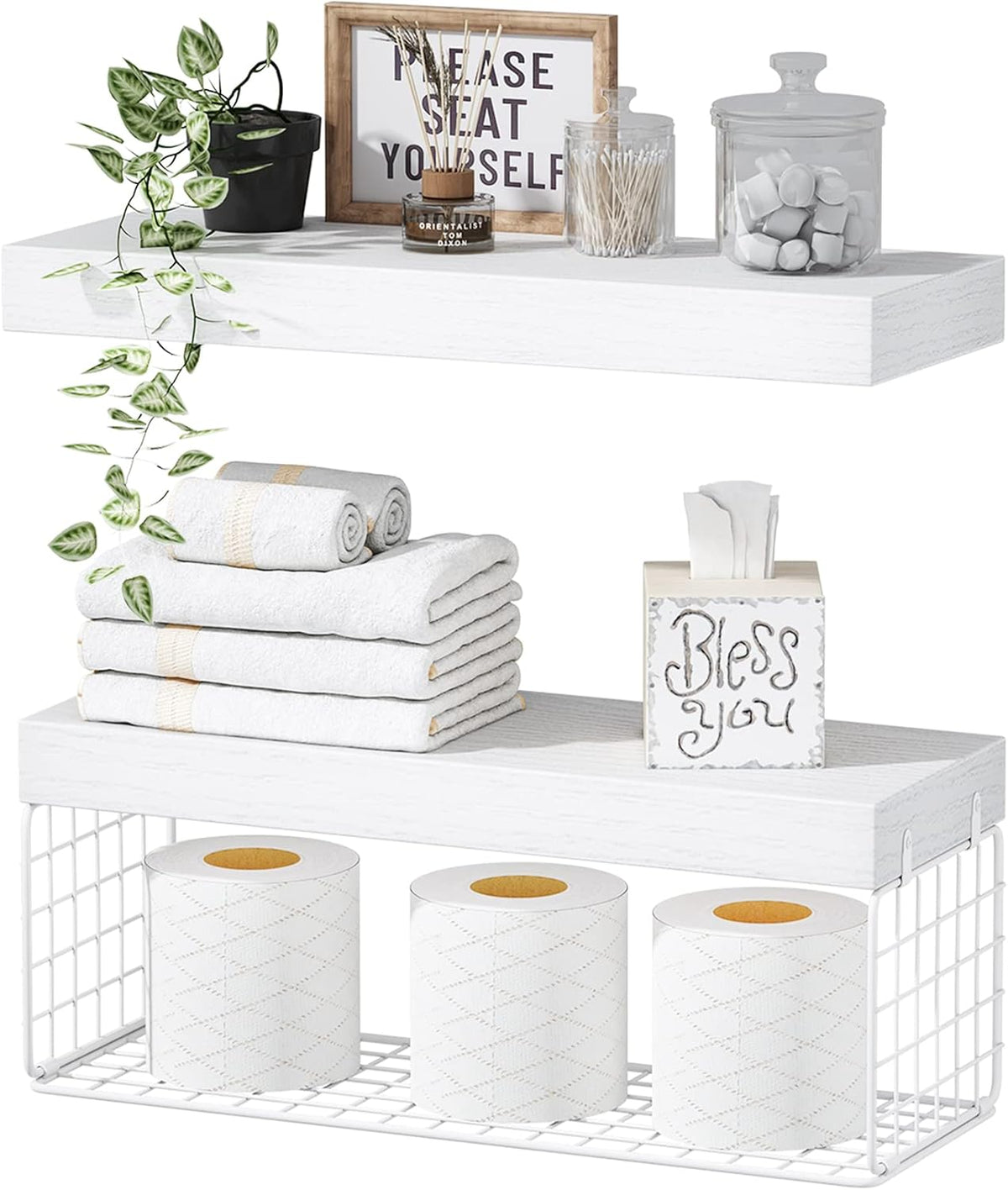 QEEIG White Bathroom Shelves Over Toilet - Wall Mounted Floating Shelves Farmhouse Shelf Toilet Paper Storage Small 16 inch Set of 2 (019-W2)