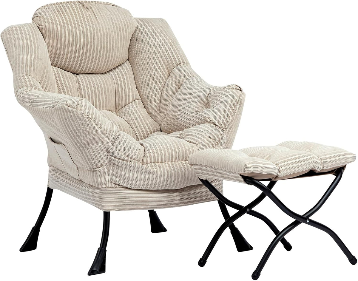 HollyHOME Fabric Lazy Chair with Foldable Ottoman, Accent Comfy Lounge Arm Chair and Folding Footrest Stool Set, Leisure Sofa Reading Chair and Footstool for Living Room, Bedroom, Dorm, Beige Stripe