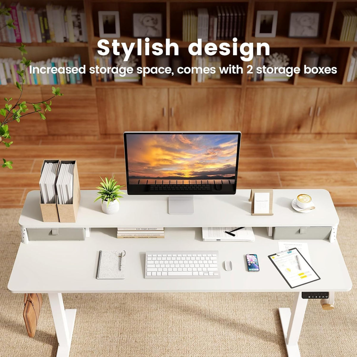 Standing Desk with Drawers and Brushless Motor,Electric Height Adjustable Desk for Walking Pad,Ergonomic Stand Up Desk for Home Office & Gaming,3 Memory Height Preset & Hooks(48" x 24",White)