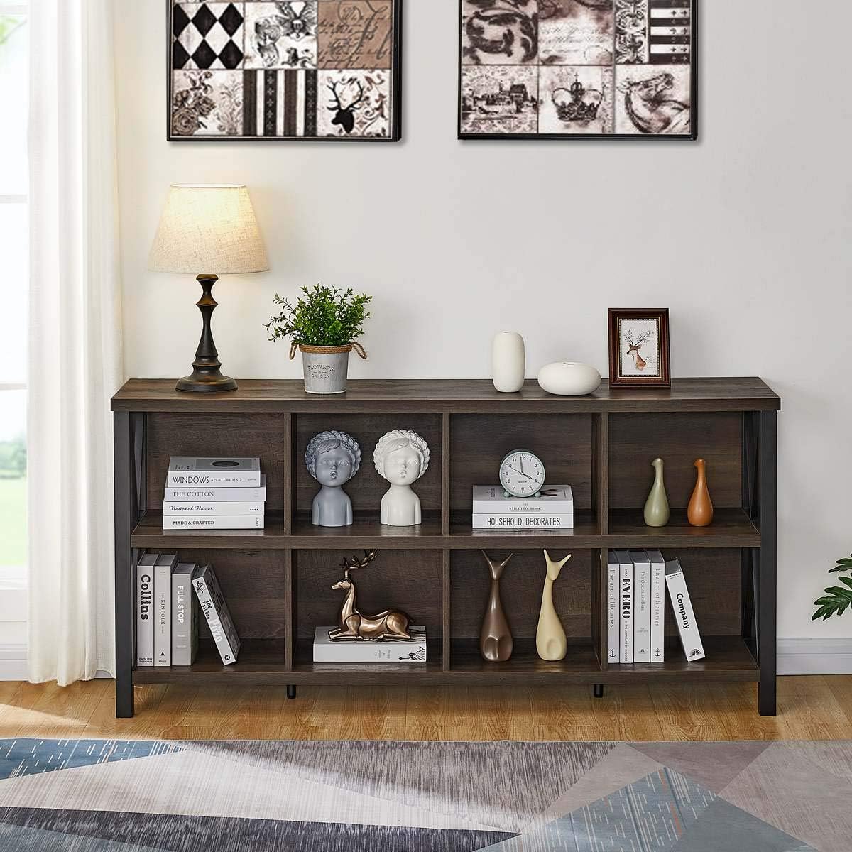 FATORRI 8 Cube Storage Organizer Bookshelf, Rustic Wood Cubby Bookcase, Industrial Horizontal Long Shelf for Living Room (Walnut Brown, 62 Inch)